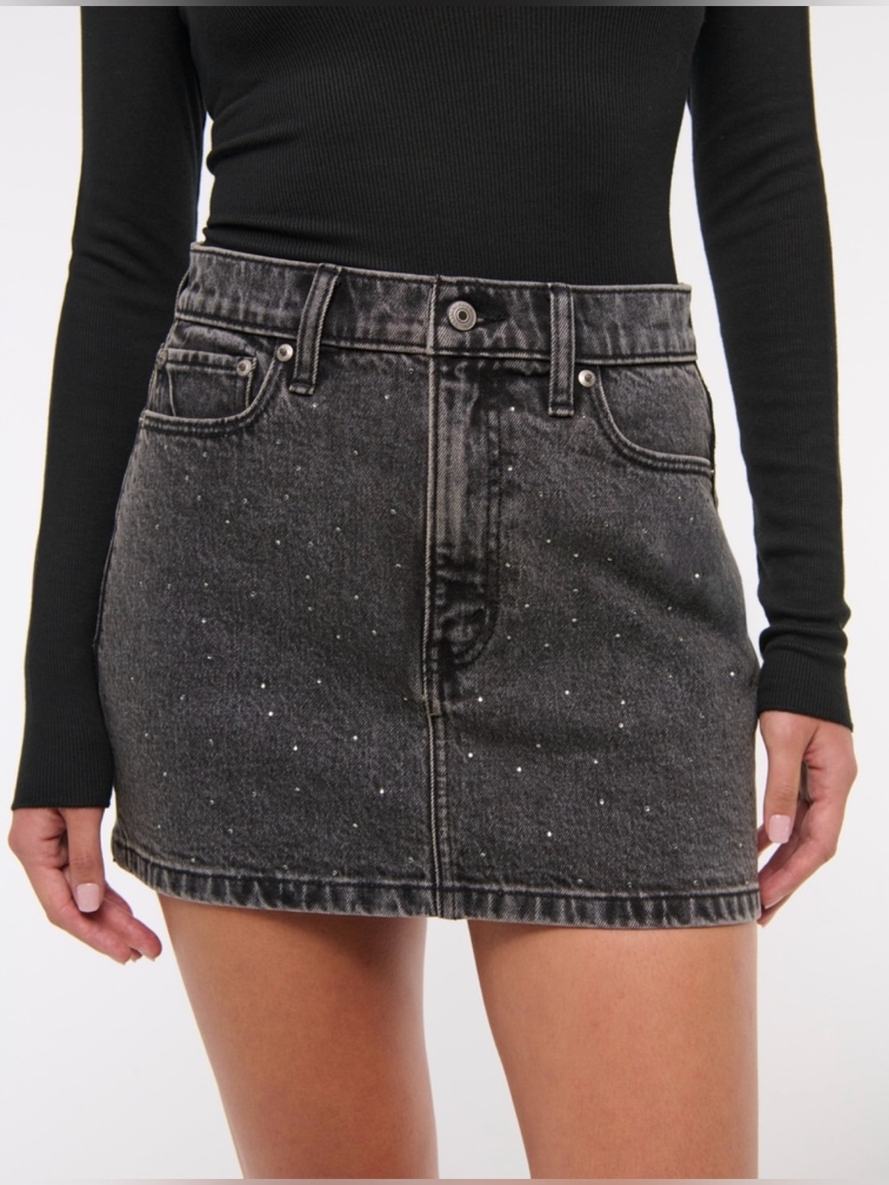 Black Mineral-Wash Denim Mini Skirt with Subtle Sparkle
